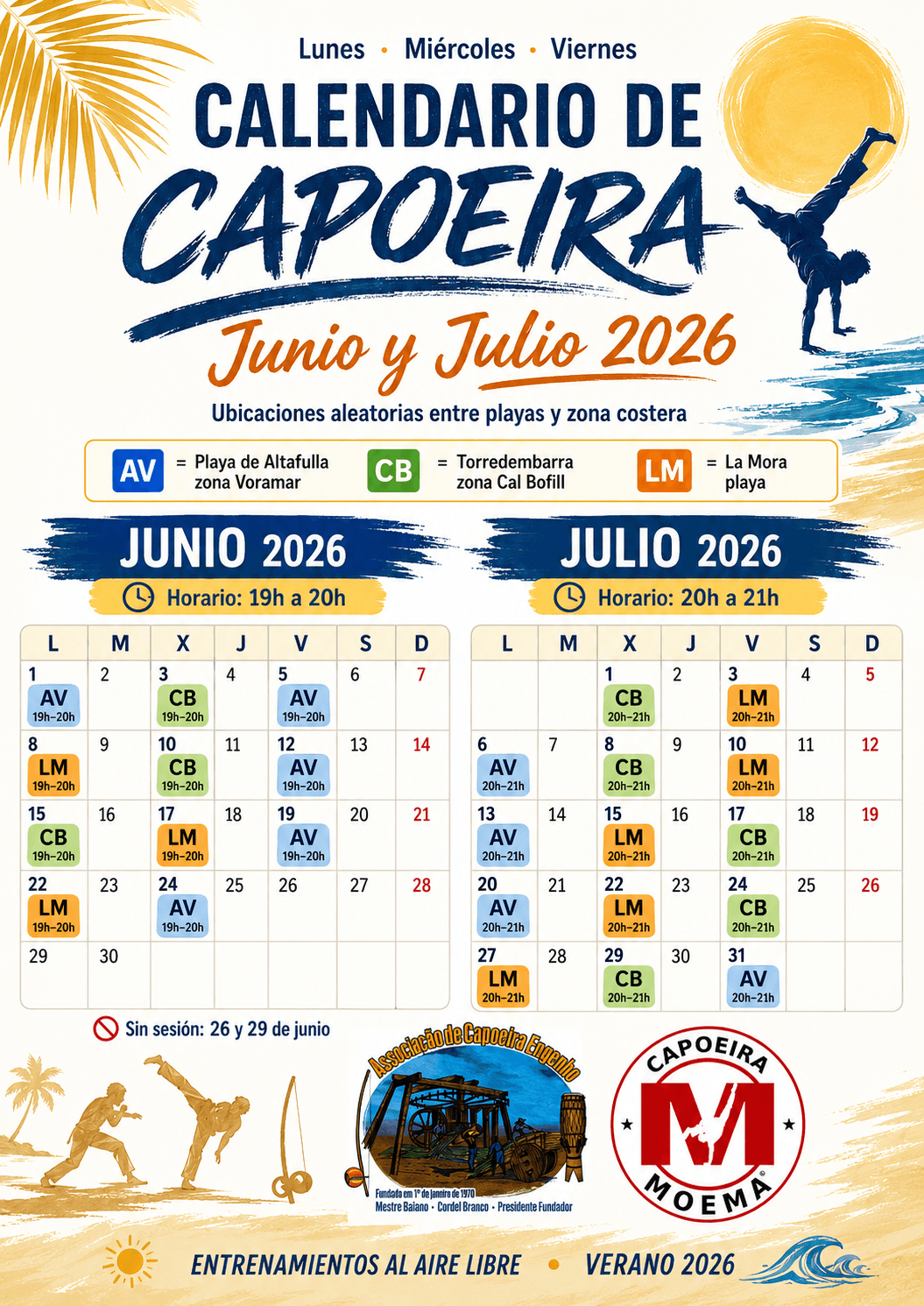 Calendario de entrenamientos de capoeira de Capoeira Moema para junio y julio de 2026 en Altafulla, Torredembarra y La Móra.