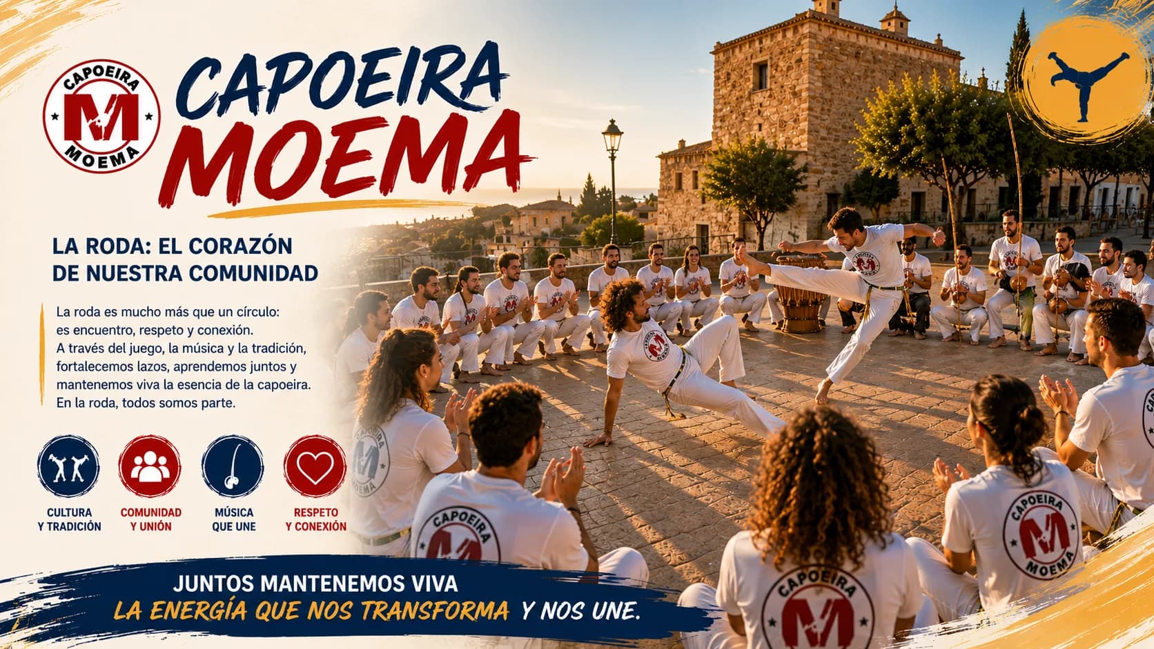 Grupo de Capoeira Moema en una roda de capoeira con movimiento, cultura y comunidad.
